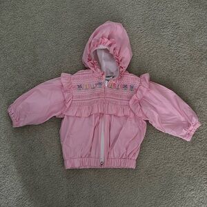 Merry Mites Pink Ruffled Embroidered Jacket with Attached Hood EUC Size 24 mos